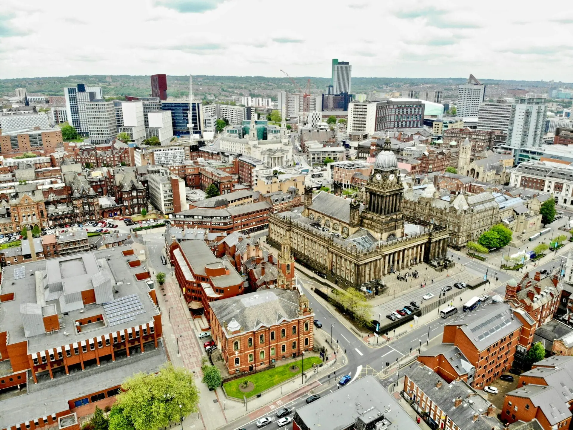 Aerial view over Leeds city centre with Leeds Town Hall