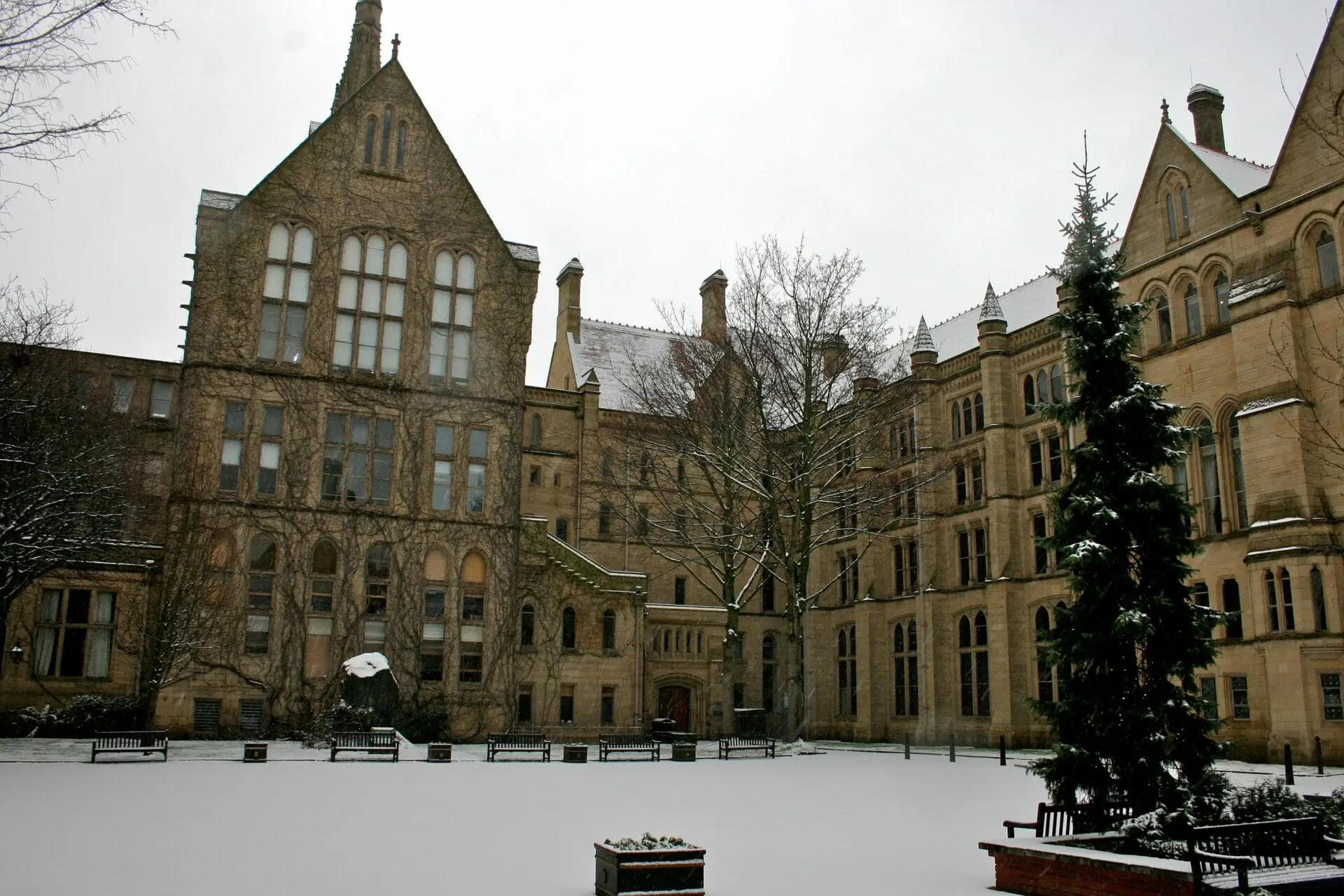The Old Quadrangle, Manchester city campus in the winter time, the courtyard covered in snow