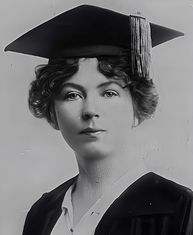 Christabel Pankhurst with a graduation gown and cap on