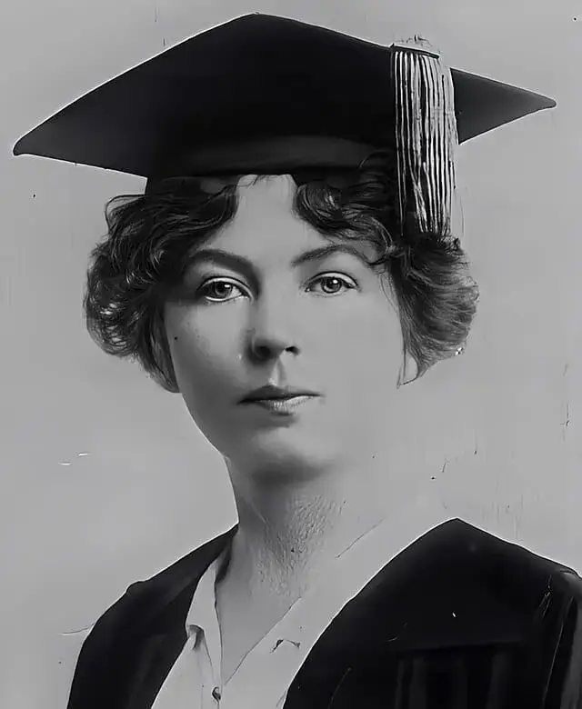 Christabel Pankhurst with a graduation gown and cap on