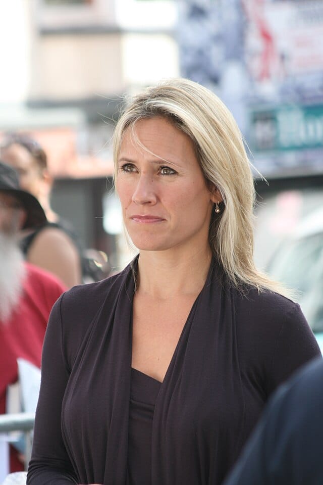 Celebrity and TV news presenter Sophie Raworth filming a current affairs segment in Brighton, UK University of Manchester famous alumni