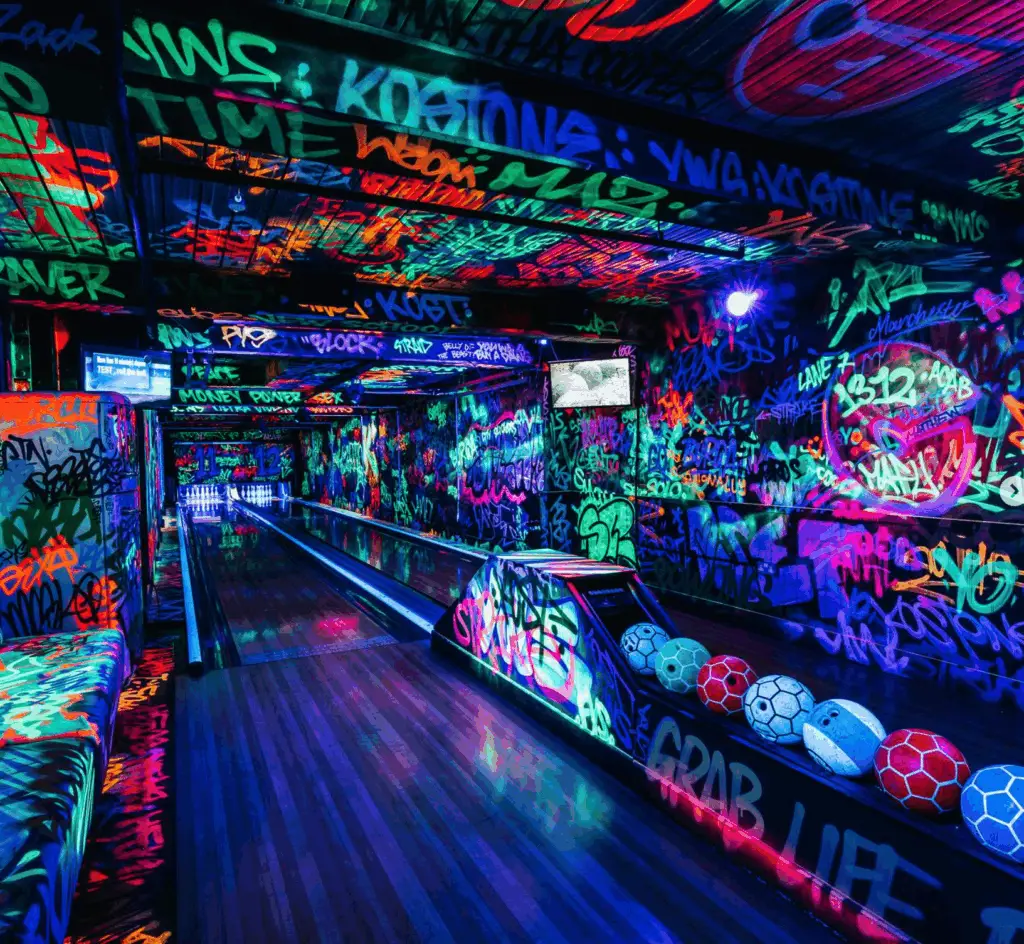 Neon graffiti bowling alley.