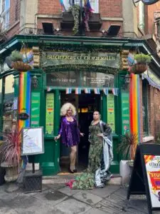 Two drag queens outside Seamus O'Donnell's