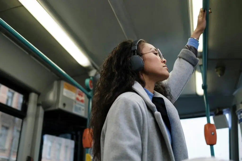 A woman on public transport. 