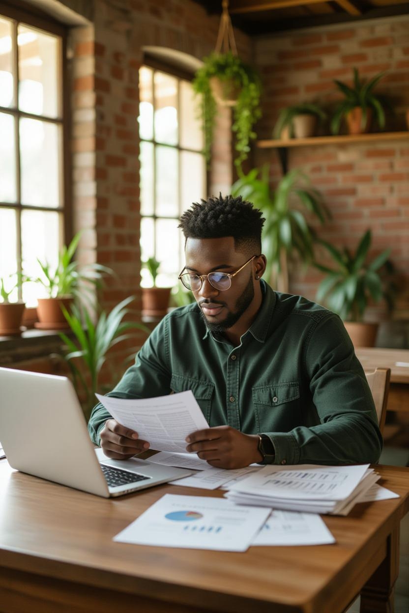 Student planning finances with documents and laptop