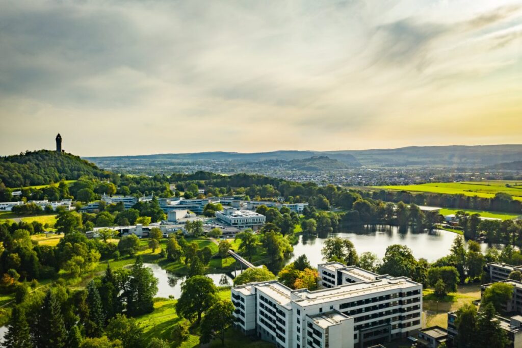 A drone shot of Stirling's campus