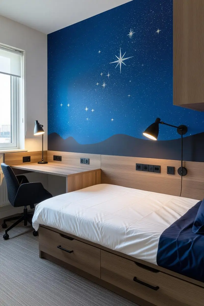 Decorated student bedroom with lights and plants