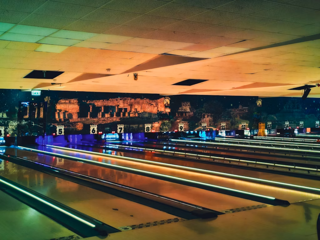 A bowling alley in an arcade