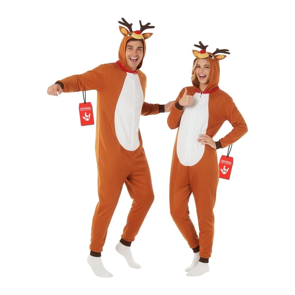 Man and woman in matching MorphCostumes Rudolph reindeer onesies with antler hoods and red noses