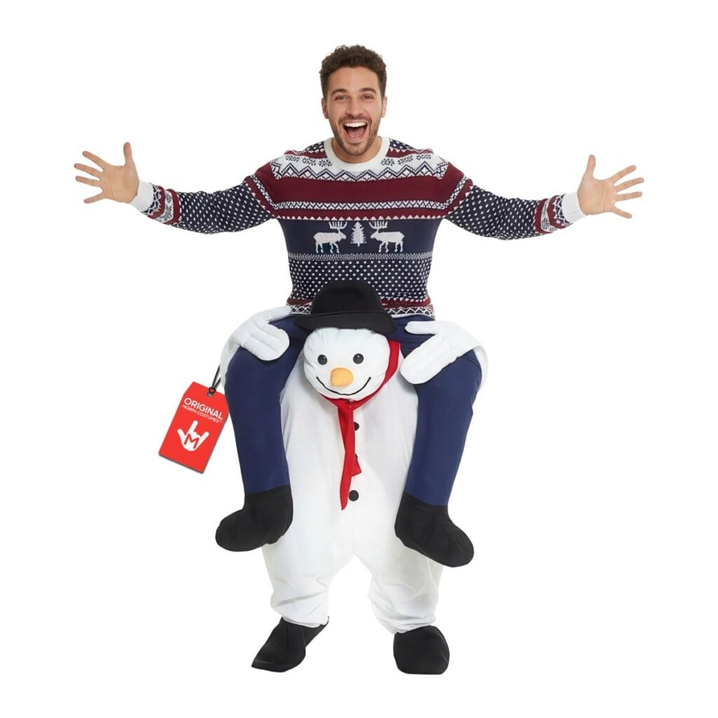 Man in a Christmas jumper who appears to be carried by a snowman, in the MorphCostumes Snowman Piggyback costume