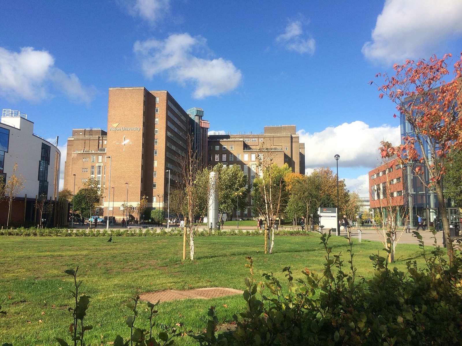 Green lawns and buildings on the Aston University campus in Birmingham