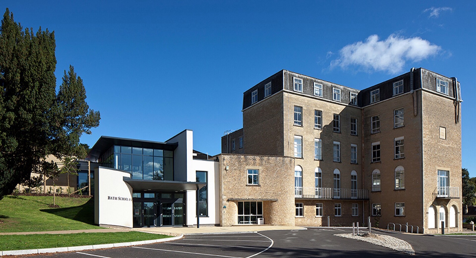Sion Hill campus building of Bath Spa University under a blue sky