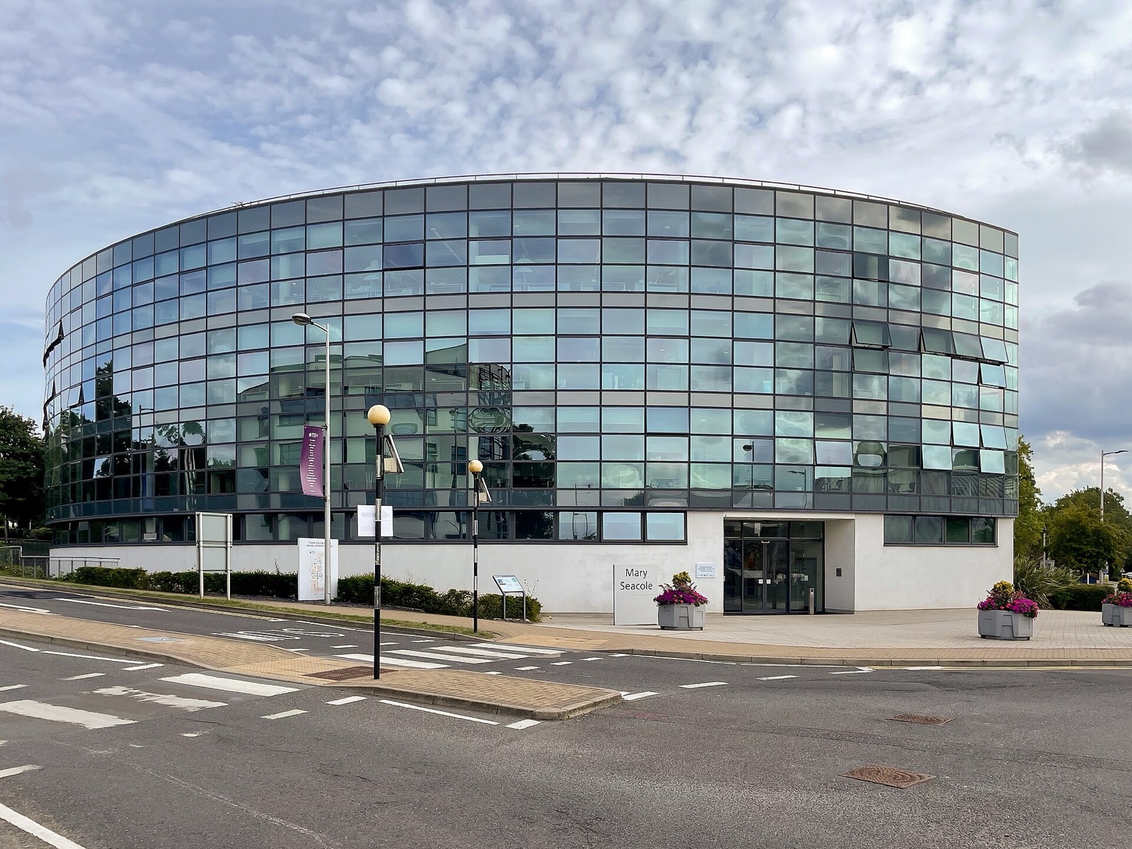 Modern glass-fronted building on the Brunel University London campus in Uxbridge