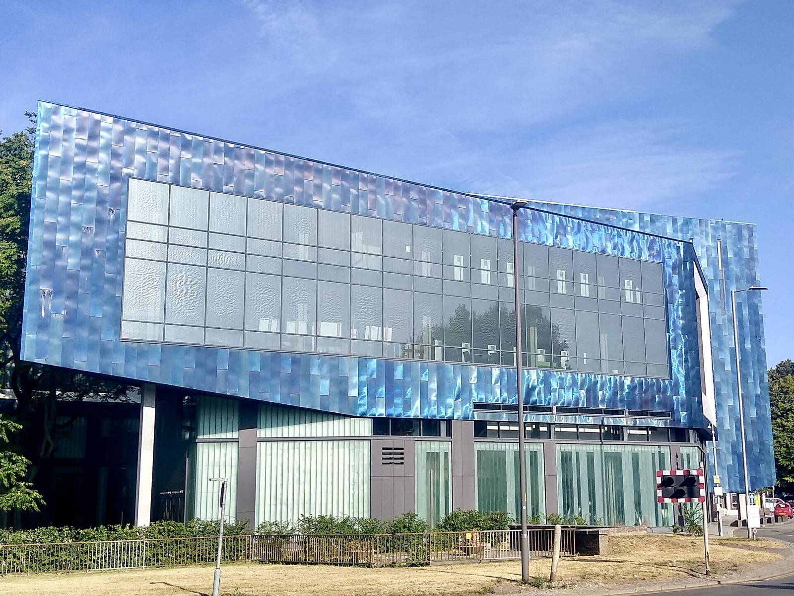 The blue-clad Gateway building of Buckinghamshire New University in High Wycombe