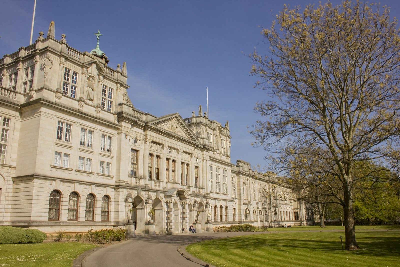 Cardiff University's white Portland stone Main Building in Cathays Park