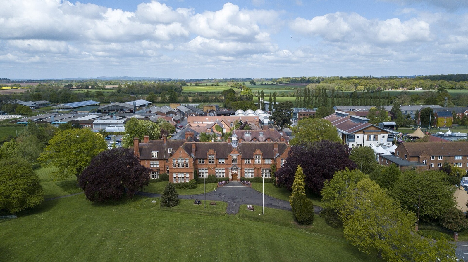 Aerial view of the Harper Adams University campus and surrounding Shropshire farmland