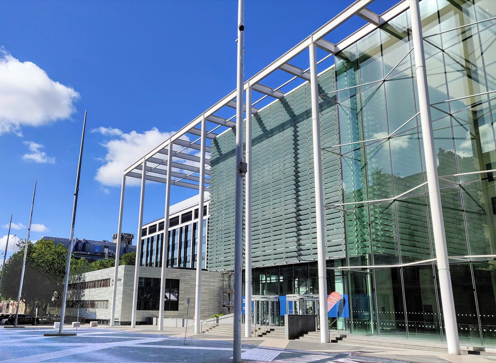 Glass entrance canopy of Imperial College London on Exhibition Road, South Kensington