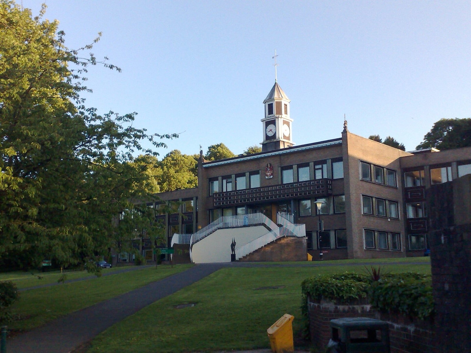 Keele University Library with its white clock tower on the campus near Newcastle-under-Lyme