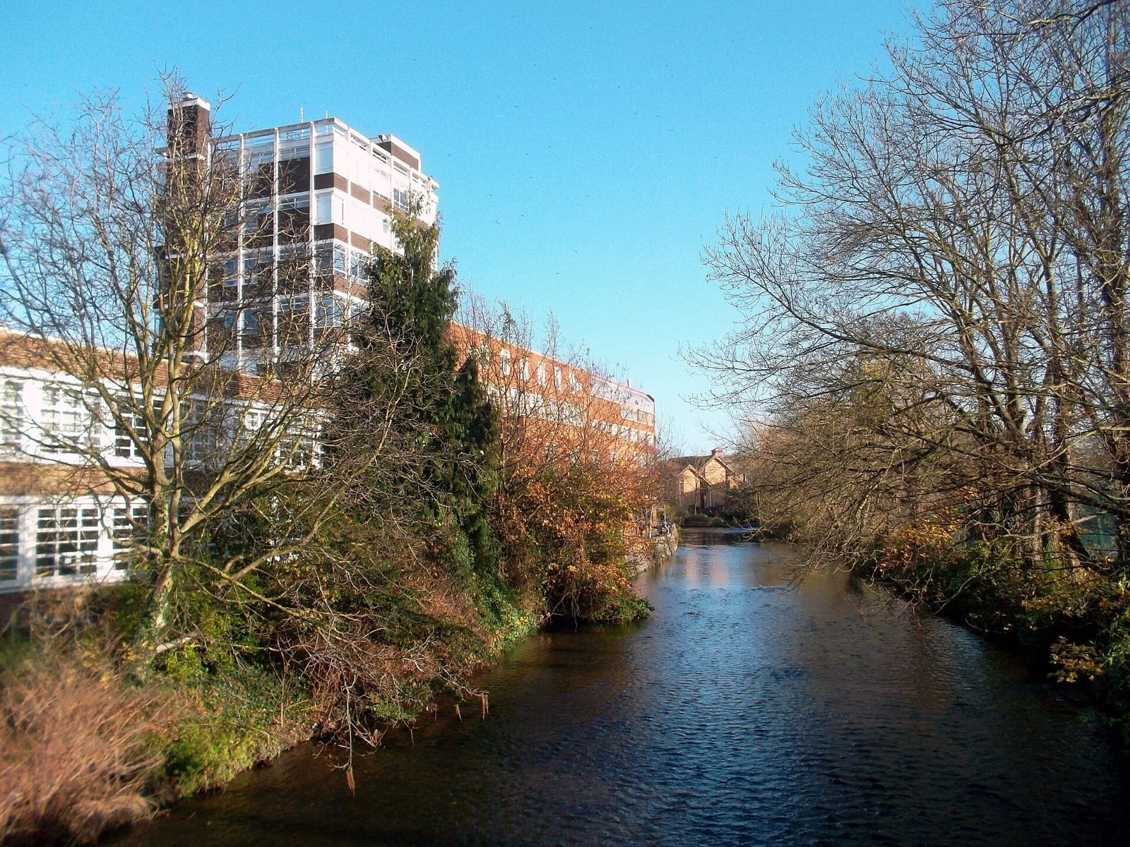 Kingston University's Penrhyn Road buildings beside the Hogsmill River