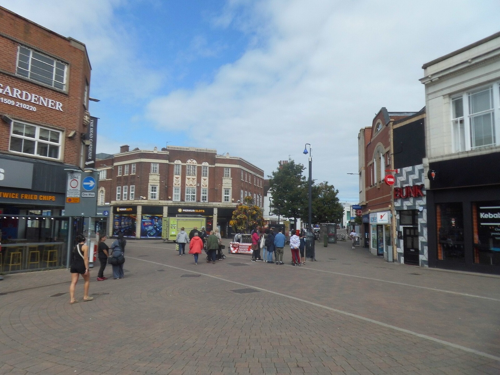 Market Place in Loughborough town centre on a sunny day