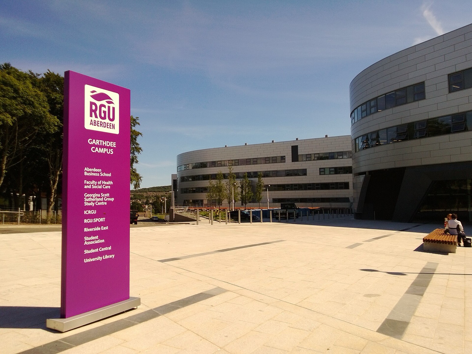 The plaza and modern buildings of Robert Gordon University's Garthdee campus in Aberdeen