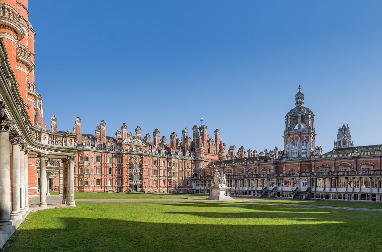 The Victorian Founder's Building and its quad at Royal Holloway, University of London, Egham