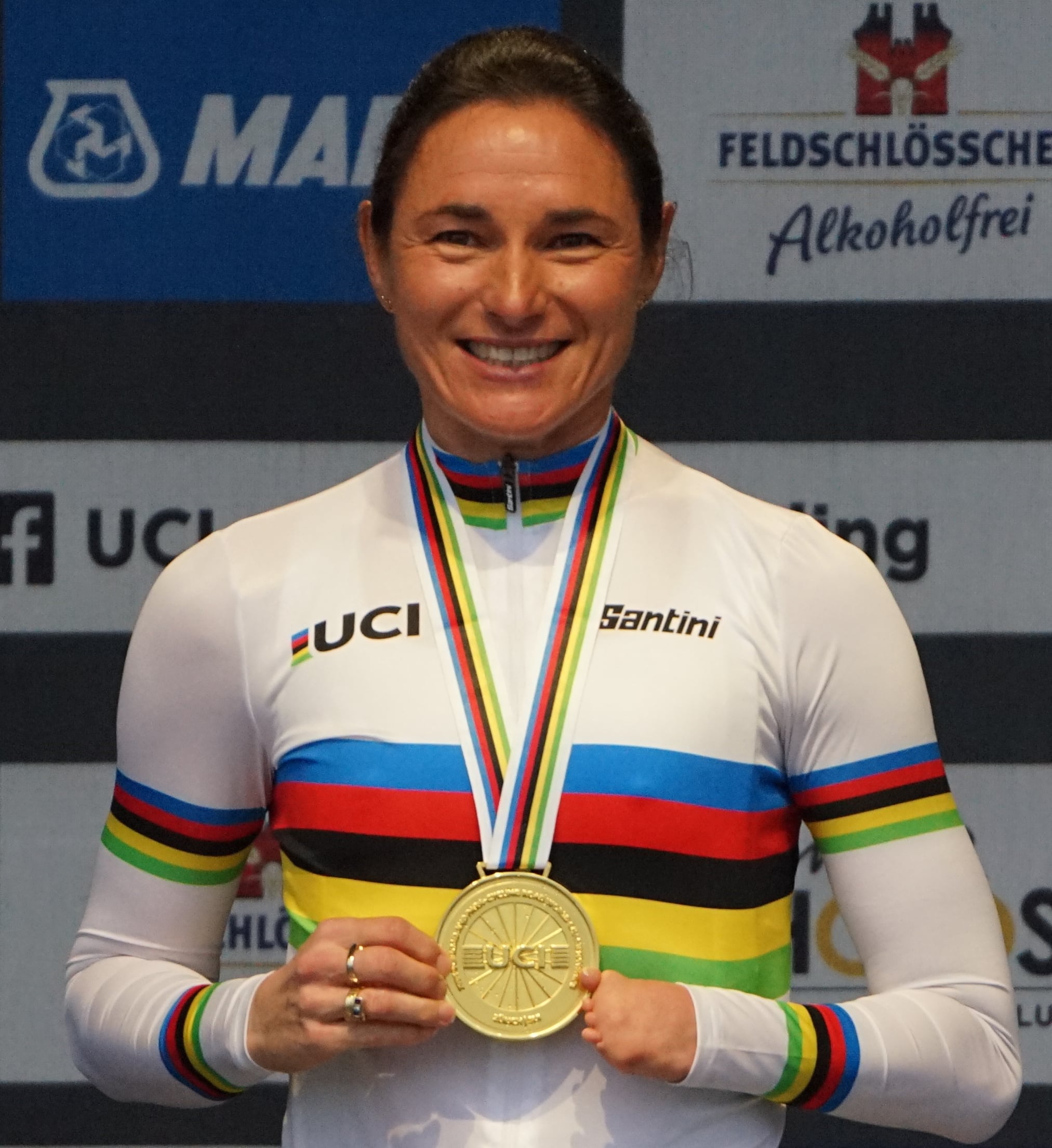 Dame Sarah Storey at the 2024 UCI Para-cycling Road World Championships medal ceremony in Zurich