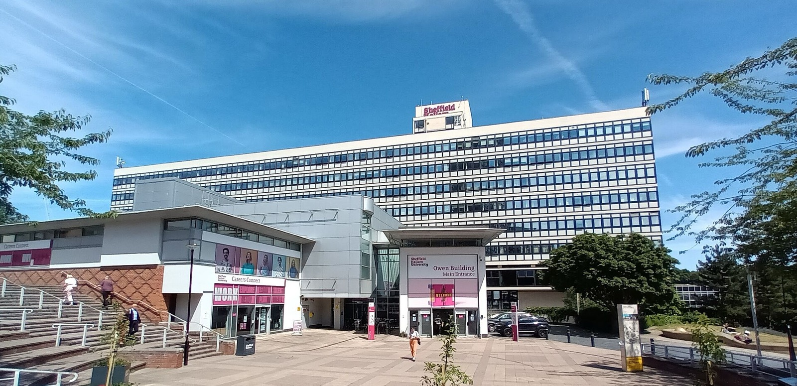 Sheffield Hallam University's City Campus buildings under a blue sky