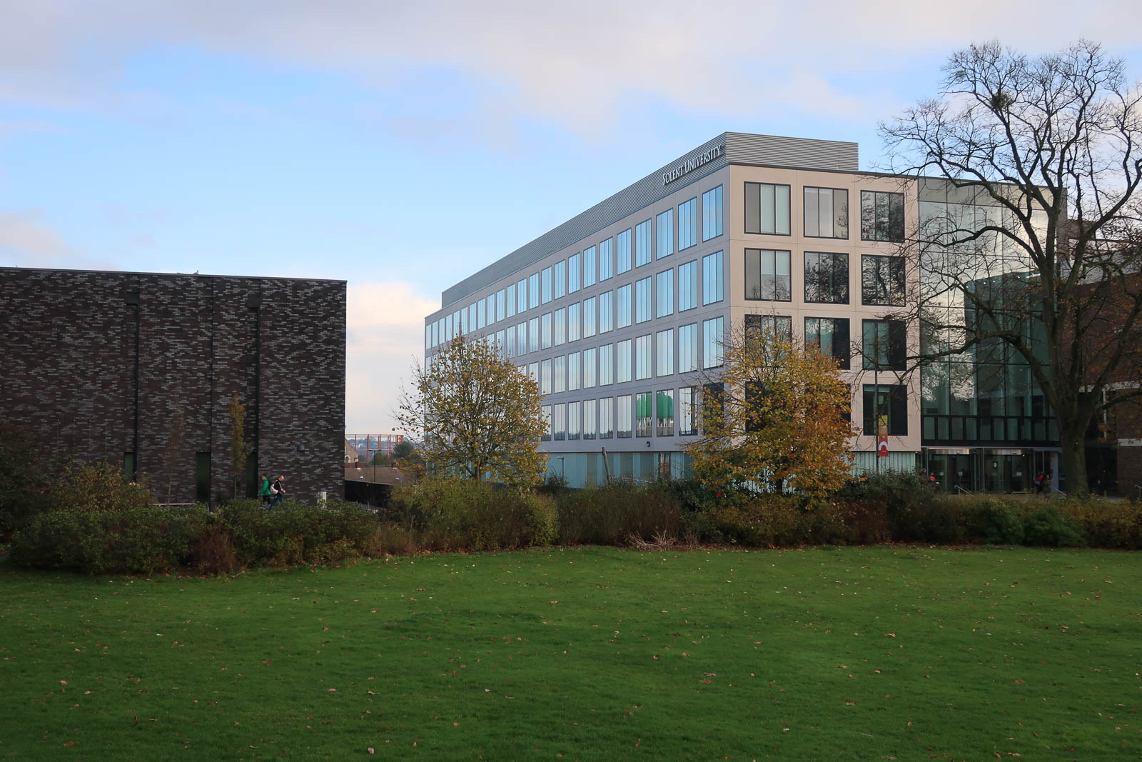 Modern teaching buildings and lawn at Solent University's East Park Terrace campus in Southampton