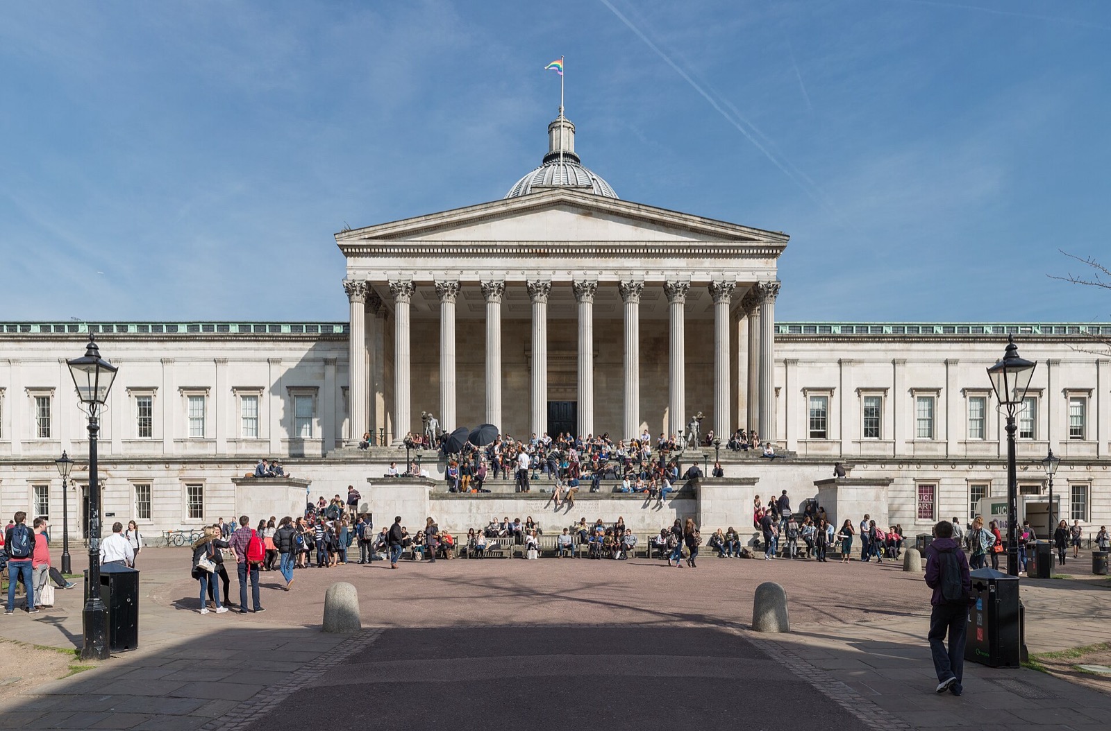 The portico and dome of UCL's Wilkins Building on the main quad, Bloomsbury