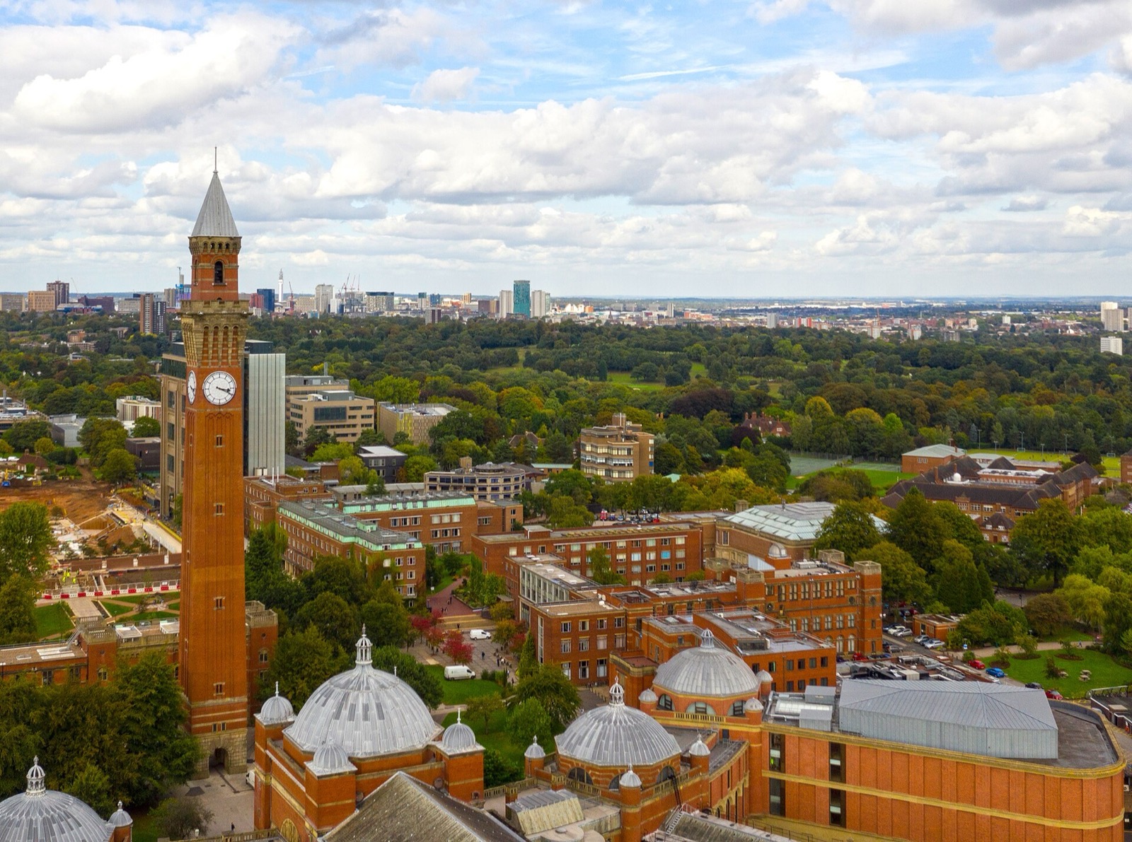 Aerial view of the University of Birmingham campus with the Old Joe clock tower