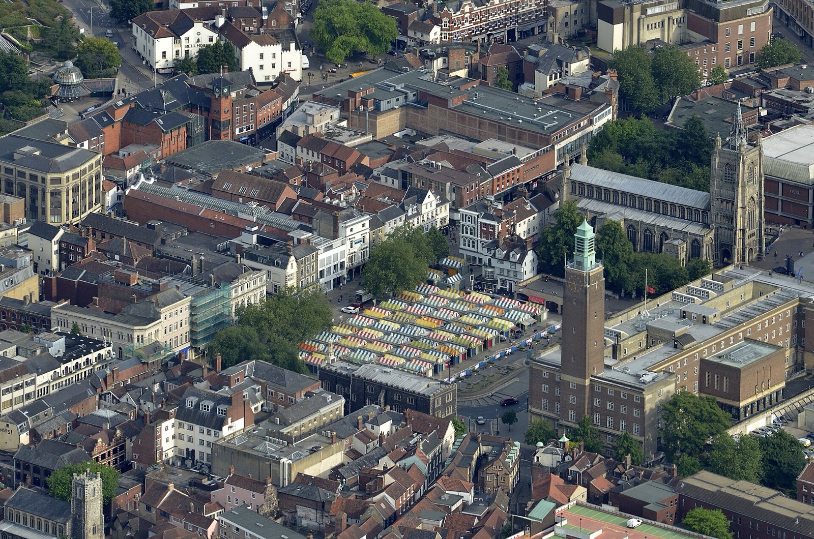 Aerial view of Norwich city centre with the market and City Hall