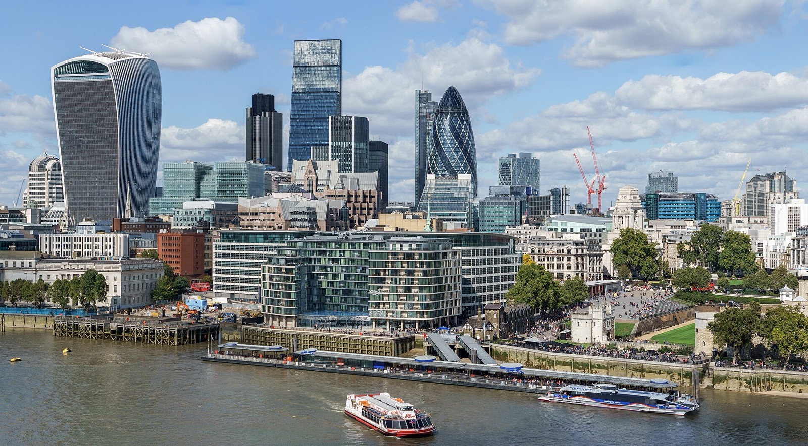 The City of London skyline, including the Walkie-Talkie and the Gherkin, across the River Thames