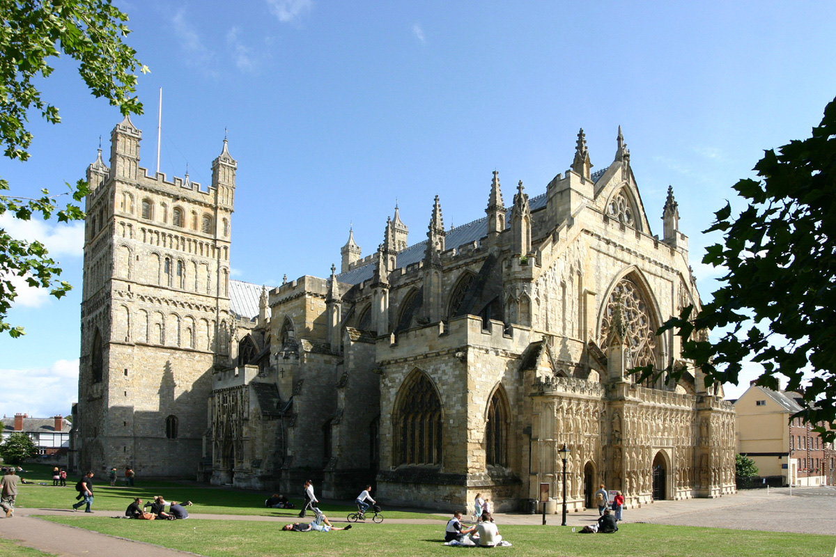 Exeter Cathedral and Cathedral Green on a sunny day