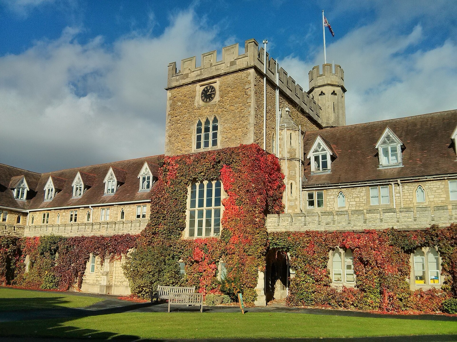 Ivy-covered North Tower at Francis Close Hall, University of Gloucestershire