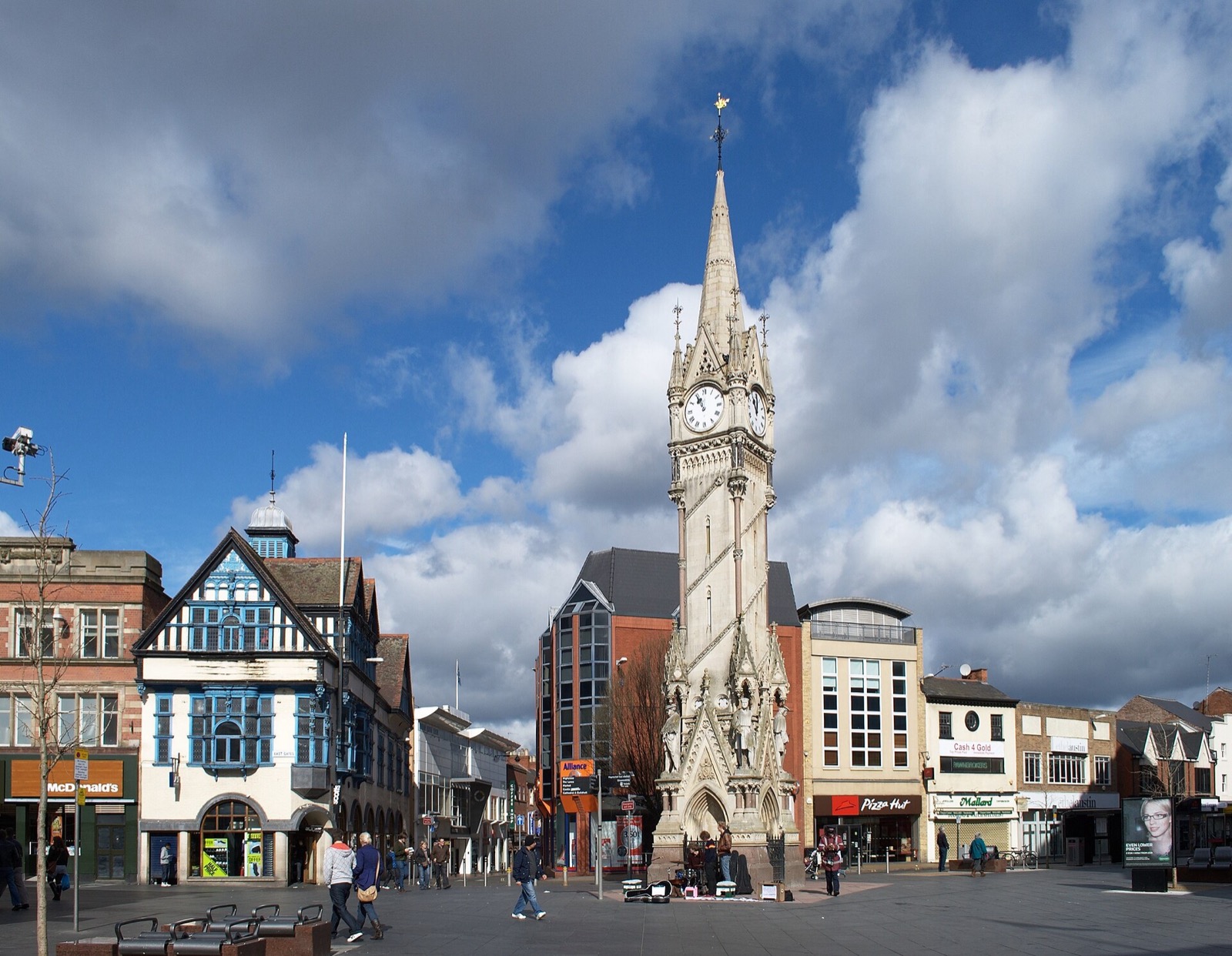 Leicester's Haymarket Memorial Clock Tower in the city centre under a dramatic sky