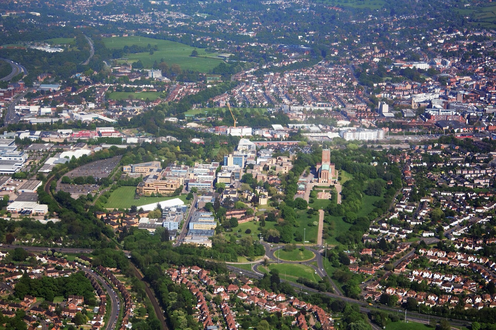 Aerial view of the University of Surrey campus and Guildford Cathedral